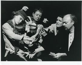 Interior group snapshot, From left, Monica Dottor holding violing, Michele Smith, Patricia Marcea & Dean Gilmour performing in the play "Chekhov's Shorts" at the Saidye Bronfman Centre for the Arts.
