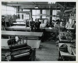 Interior portrait of Samuel, Nathan and Israel Benditsky on factory floor, Alymer Street.