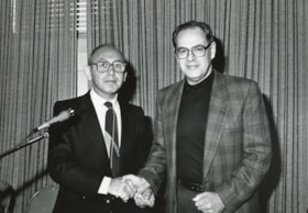 Arthur Drache Q.C. and Chuck Taylor presenting A.D. with an award for 10 years of dedicated service to the Ottawa Jewish Community Foundation, September 18, 1988.