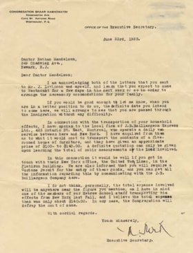 Correspondence to Cantor Nathan Mendelson from Executive Secretary of Congregation Shaar Hashomayim