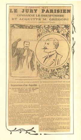 Newspaper clipping, "Le Jury Parisien condamne le Dreyfusisme et Acquitte M. Gregori"