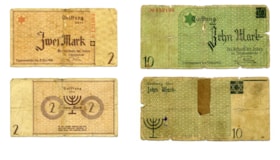 Three banknotes printed in the Polish ghetto of Lodz - two 10 Mark notes and one 2 Mark note.