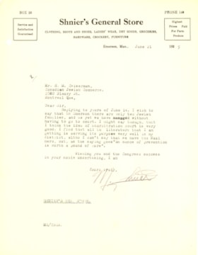 EMERSON: Letter from M. Shnier regarding arbitration court for the two Jewish families in Emerson (unclear if either antisemitism or Nazism was at issue)