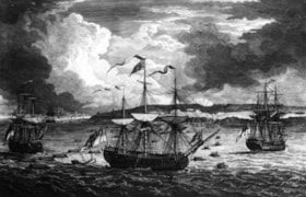 Belle Isle/copy photo of a line engraving by Canot - ships, lifeboats & shore. Source: National Maritime Museum