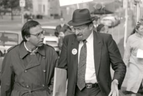 Speaker Micheal Shelew walking with Rabbi Bulka at Solidarity Rally for Syrian Jewry.
