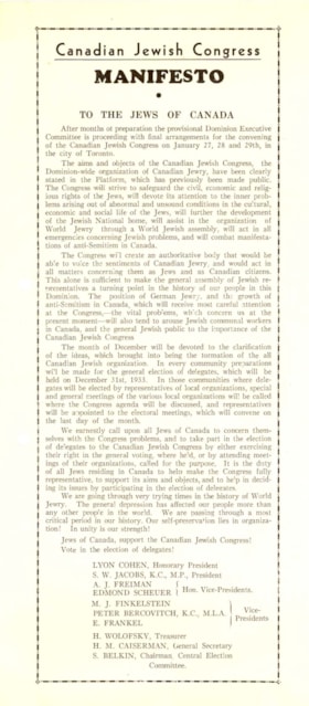 To Canadian Jewish organizations - memorandum and platforms