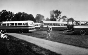 The end of Camp B'nai B'rith in Quyon, Quebec for 1950 - the buses leave for home