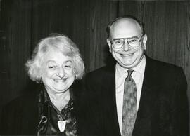 Exterior group portrait, Marilyn and Simon Cobrin standing at the Jewish General Hospital's radiology centre named after them.