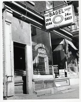 Exterior view of Fairmount Bagel bakery on Fairmount Street, Montreal.