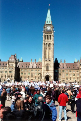 View of the crowd at an Israel Solidarity Rally in front of Parliament Hill, Ottawa.