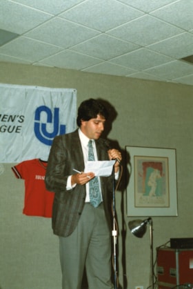 Unidentified man speaking at a Jewish Mens Softball League award night