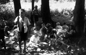 Junior boys at Camp B'nai B'rith in Quyon, Quebec taking a break during a hike