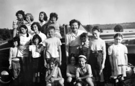 Mrs. Gittelson, camp mother with councillor Sheila Lepofsky and a group of campers at Camp B'nai B'rith in Quyon, Quebec