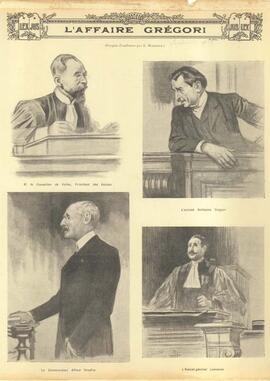 Composite print, portraits of key individuals titled "L'Affaire Gregori"