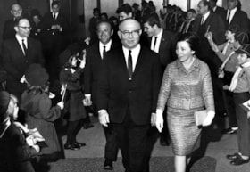 Prime Minister Levi Eshkol and Mrs. Eshkol enter the Jewish Community Centre on 151 Chapel Street in Ottawa at a reception to meet the Jewish community.