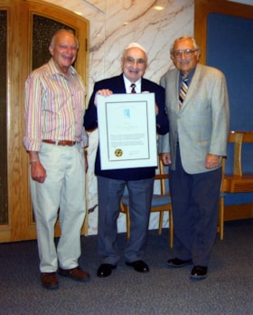 Lawrence Freedman, Morrie Konick and Gdalyah Rosenfeld at the Ottawa Jewish Historical Society Lecture where Morrie was honoured