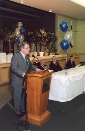 Saul Goldfarb, Norman Lesh, and two unidentified men at an Ottawa Jewish Community Foundation speech.