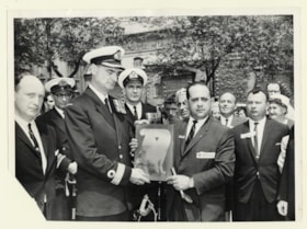 Presentation of plaque to Commander Jetté at Holocaust rally at Dominion Square in Montreal