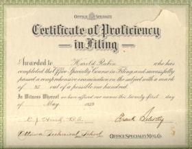 Certificate of Proficiency in Filing, awarded to Harold Rubin by the Ottawa Technical School.