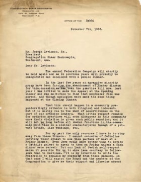 Correspondence from Rabbi Herman Abramowitz to Joseph Levinson addressing the issue of non-kosher food dinner at the annual Federation campaign