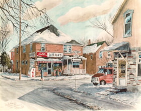 A watercolour painting of Leo Osterer's store located at the corner of Florence and Lyon Streets in Ottawa