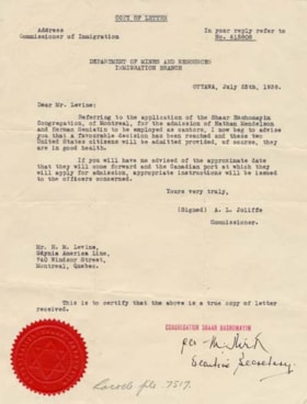 Admission of Cantor Nathan Mendelson to Canada from United States