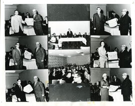 First Herzliah graduation, students receiving certificates, audience in bottom, centre image, and Ben Beutel standing behind table in upper, centre image.