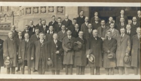 Group portrait of Earnscliffe Lodge 283 of Ottawa's visit to Lansdowne Lodge, Montreal.