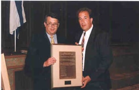 A.J. Freiman and Charles Schachnow, winner of the Freiman Family Young Leadership Award, at the Jewish Community Council of Ottawa Annual General Meeting.