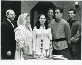 Interior group snapshot, From left, Sam Stein, Sara Zemeck, Lisa Rubin, Billy Finkelstein, Elan Kunin, Ben Mazor in costume performing in "Double Identity" at the Saidye Bronfman Centre for the Arts.