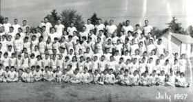 Panoramic of the July 1957 group of campers at Camp B'nai B'rith.