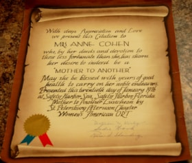 Appreciation certificate given to Annie Cohen.