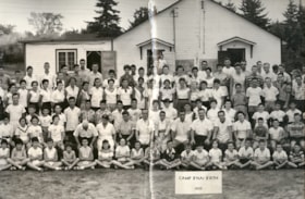 Panoramic of the 1955 group of campers at Camp B'nai B'rith, possibly the August group.