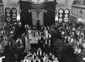 WOLOFSKY photos/ B'nai Jacob synagogue service for Shavuot, with servicemen, Montreal. Shows interior of the B'nai Jacob on Fairmount Ave.