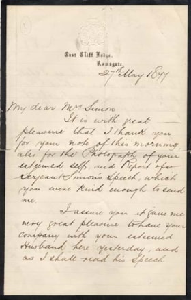 Correspondence from Sir Moses Montefiore to Mrs. Simon