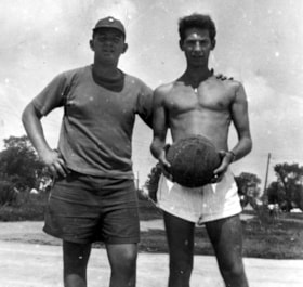 Basketball players at Camp B'nai B'rith in Quyon, Quebec. Lorry Friedman with a friend.