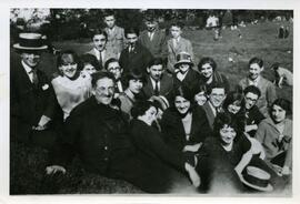 Exterior group portrait of students and teachers from the Jewish People's Schools.