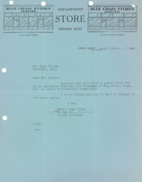 BIG RIVER: George Richman (Prince Albert, Sask.) cover letter to Saul Hayes for Joe Freedman's (Big River) donation to Joint Distribution Committee