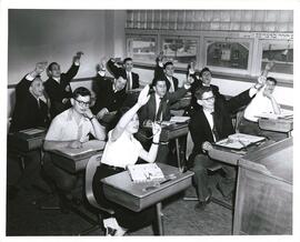 Group portrait of classroom, grade 11 students sitting in their desks, Adath Israel Academy, Montreal.