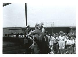 Portrait of Dov Sheinson blowing a whistle on school ground, Adath Israel School, Montreal.