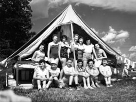 Campers in front of a tent at Camp B'nai B'rith in Quyon, Quebec